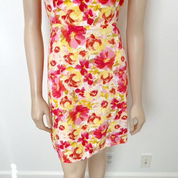 [Old Navy] Pink Floral Print Linen Blend Square Neck Mini Dress Smocked Sz Large - Picture 8 of 12